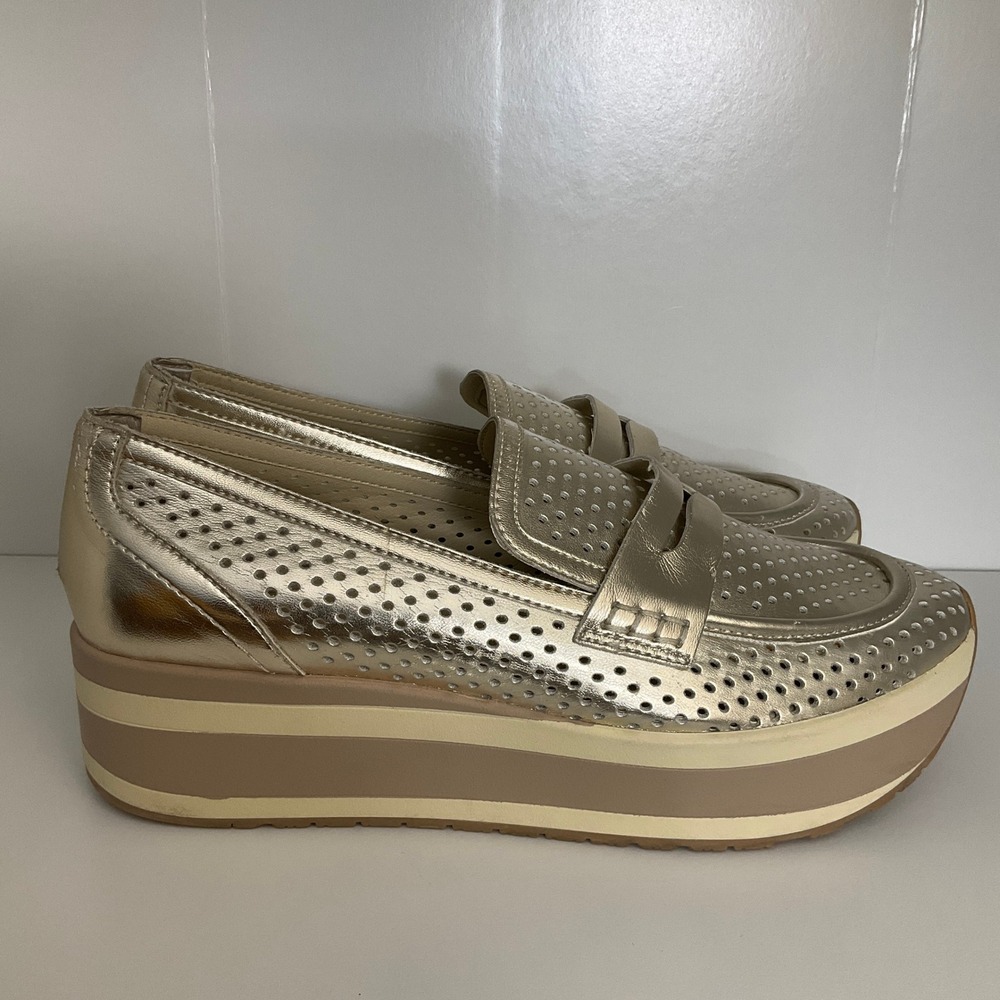 Dolce Vita Platform Loafer Women 8.5 Gold Metallic Perforated Striped Wedge Boho